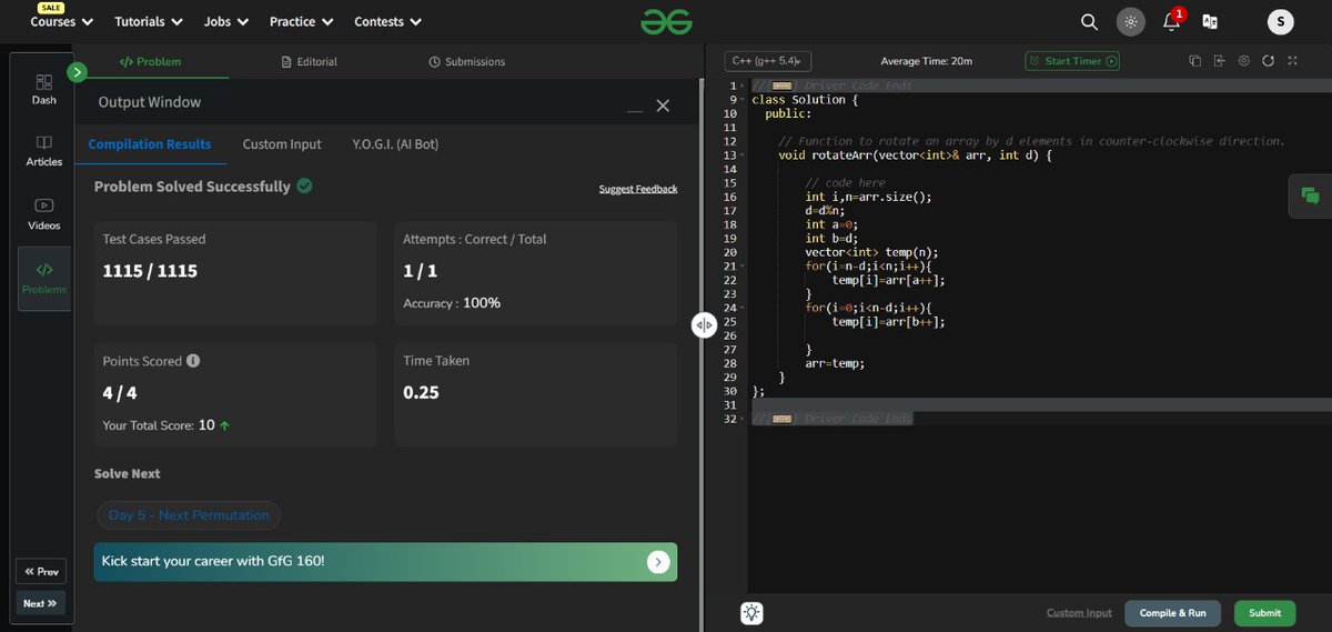 sarkar53681's tweet photo. #gfg160 & #geekstreak2024
Today I have successfully completed Day 4 of GFG Challenge 160 days of DSA. The problem was to rotate array in clockwise direction .The difficulty level was moderate .Still lots of way to go ahead. #developingskill #DSA #C++ https://t.co/fBhmSBEHd6