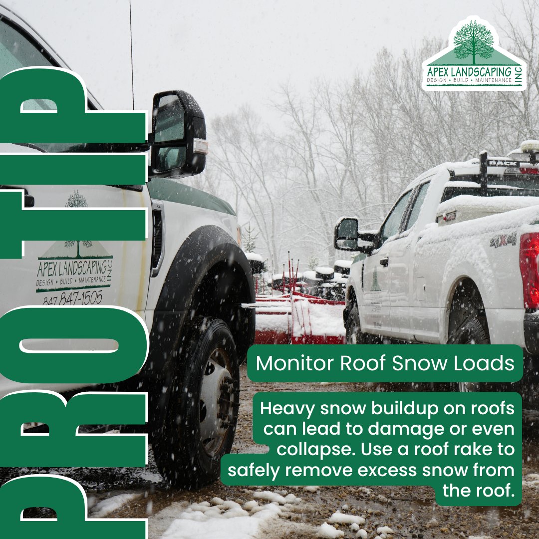 ApexLandscaping's tweet photo. Keep an eye on snow buildup on your roof to prevent structural damage. Use a roof rake to clear it safely. #RoofSafety #WinterPrep #ApexLandscaping https://t.co/IXl6A1ciXJ