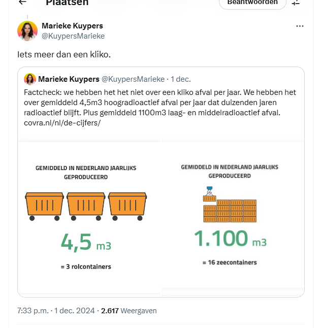 Dan nog even over de factcheck van <a href="/KuypersMarieke/">Marieke Kuypers</a>. Fijn dat zij bevestigt dat er maar zo weinig afval ontstaat bij #kernenergie, top! Ze had er nog aan toe kunnen voegen dat de nucleaire sector de *enige* energiesector is die zijn problematische afval volledig opruimt
