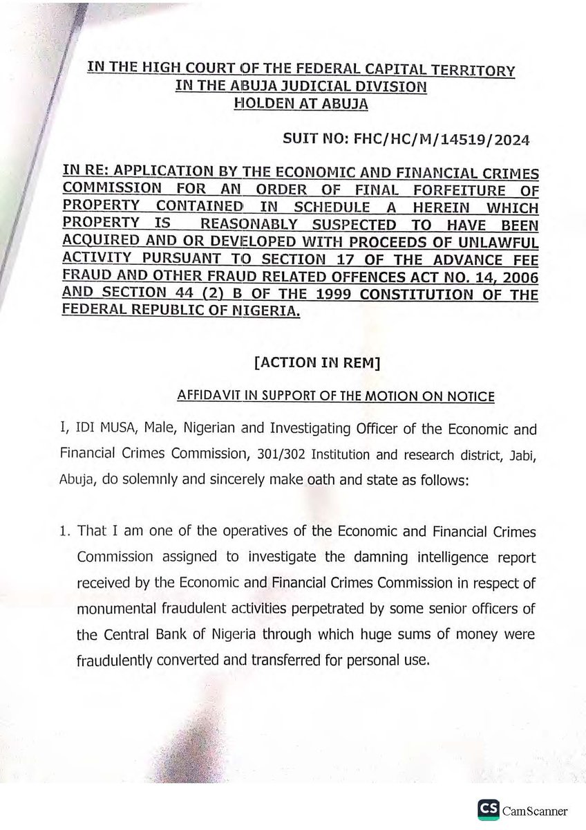 sowore's tweet photo. This is the most reckless and irresponsible statement I've read from a government agency in a long while. The assertions here are also patently irresponsible. 

I have obtained court proceedings and an affidavit sworn to by an @officialEFCC investigator who named the names of those behind this real estate fraud. I maintain that referring to the person @GodwinIEmefiele smacks of an attempt to cover up his misdeeds and those of his collaborators; the truth is that the court proceedings tell otherwise.
  I will attach some court documents here so the public can see the @officialEFCC 's disservice in this matter.