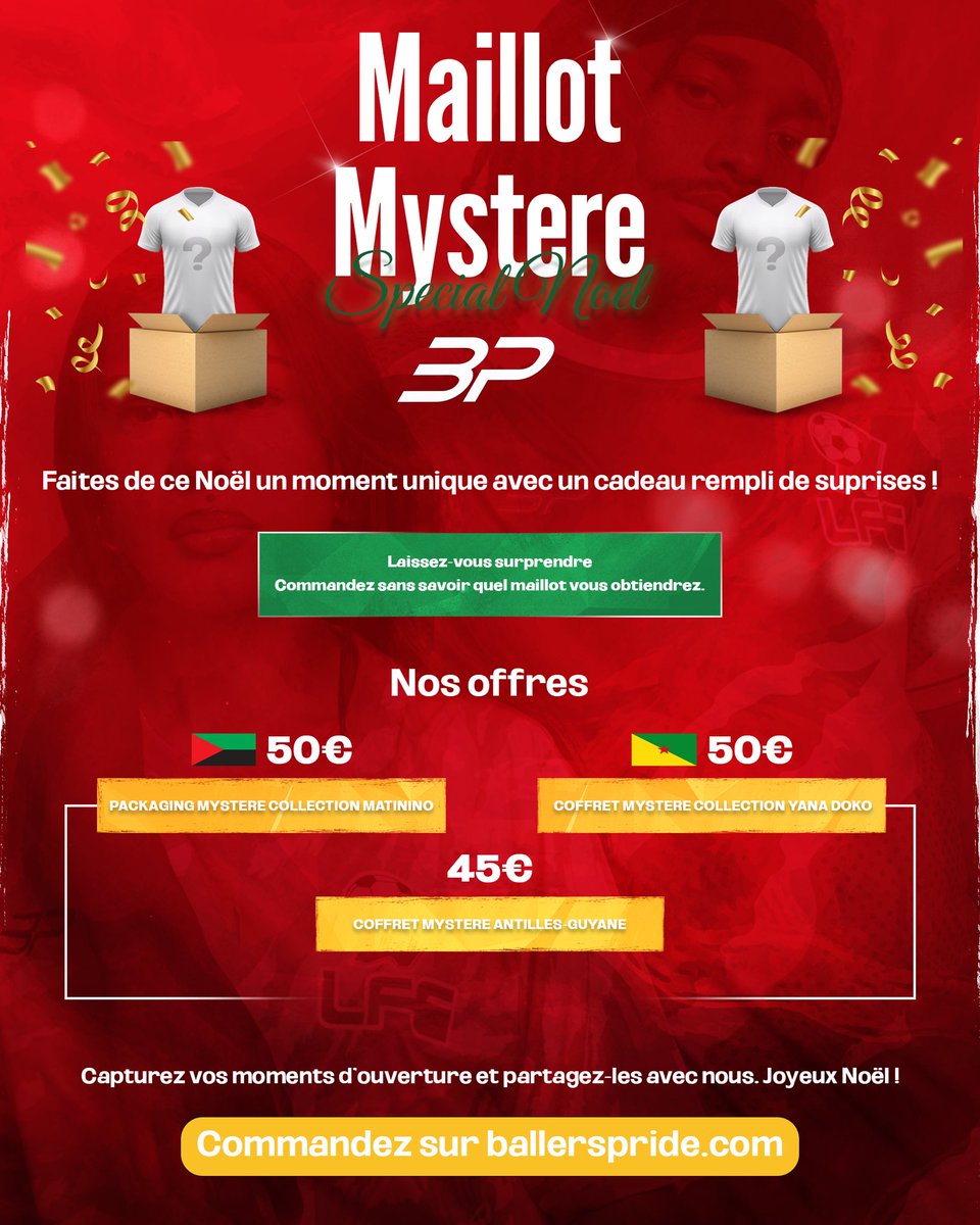 🎁👕MAILLOT MYSTÈRE SPÉCIAL NOËL 🎅🏾🎄 

🆕Un concept inédit dans la Caraïbe 🌞🏝️

🎁Vous voulez offrir un cadeau de Noël à un de vos proches ? 
C’est simple !

Commandez votre PACKAGING MYSTÈRE sans savoir quel maillot s’y trouvera dedans.