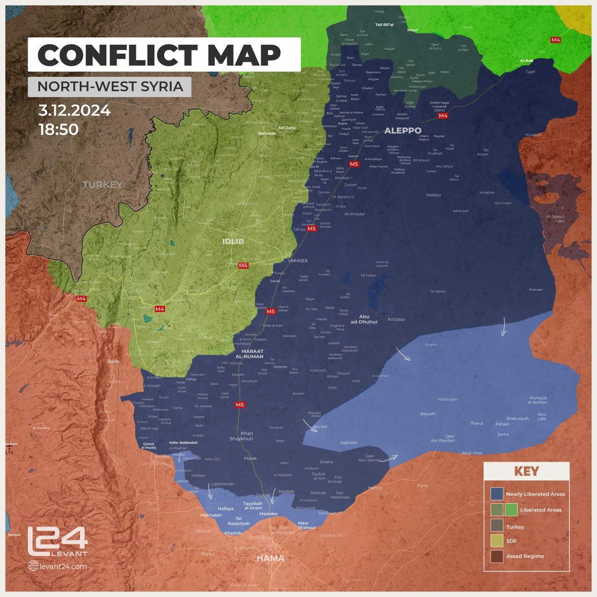WSIntelMonitor's tweet photo. SNA consolidating their gains around Tell Rifat and shifting their focus towards Manbij in the east. HTS claims more territory in the central desert area and advances on Hama from multiple axis.

#Syria #Conflict #Army #war #warfare #warmap #news #warnews #rebels #insurgency #Assad #politics #geopolitics #HTS #military #Iran #Israel #Russia #US
