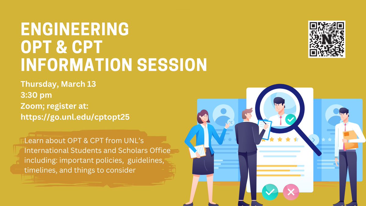 unl_engrgrad's tweet image. Learn about OPT &amp;amp; CPT from @unlisso including: important policies, guidelines, timelines, and things to consider. Join us Thursday, March 13 at 3:30 pm on Zoom. Register here: go.unl.edu/cptopt25