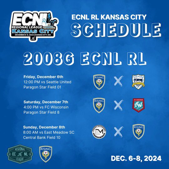 Arkansas Rising 08G ECNL-RL (@ar_rising08g) on Twitter photo Headed to KC this weekend for the <a href="/ECNLgirls/">ECNL Girls</a> RL Showcase! Come check us out! Here’s our schedule: Headed to KC this weekend for the <a href="/ECNLgirls/">ECNL Girls</a> RL Showcase! Come check us out! Here’s our schedule: