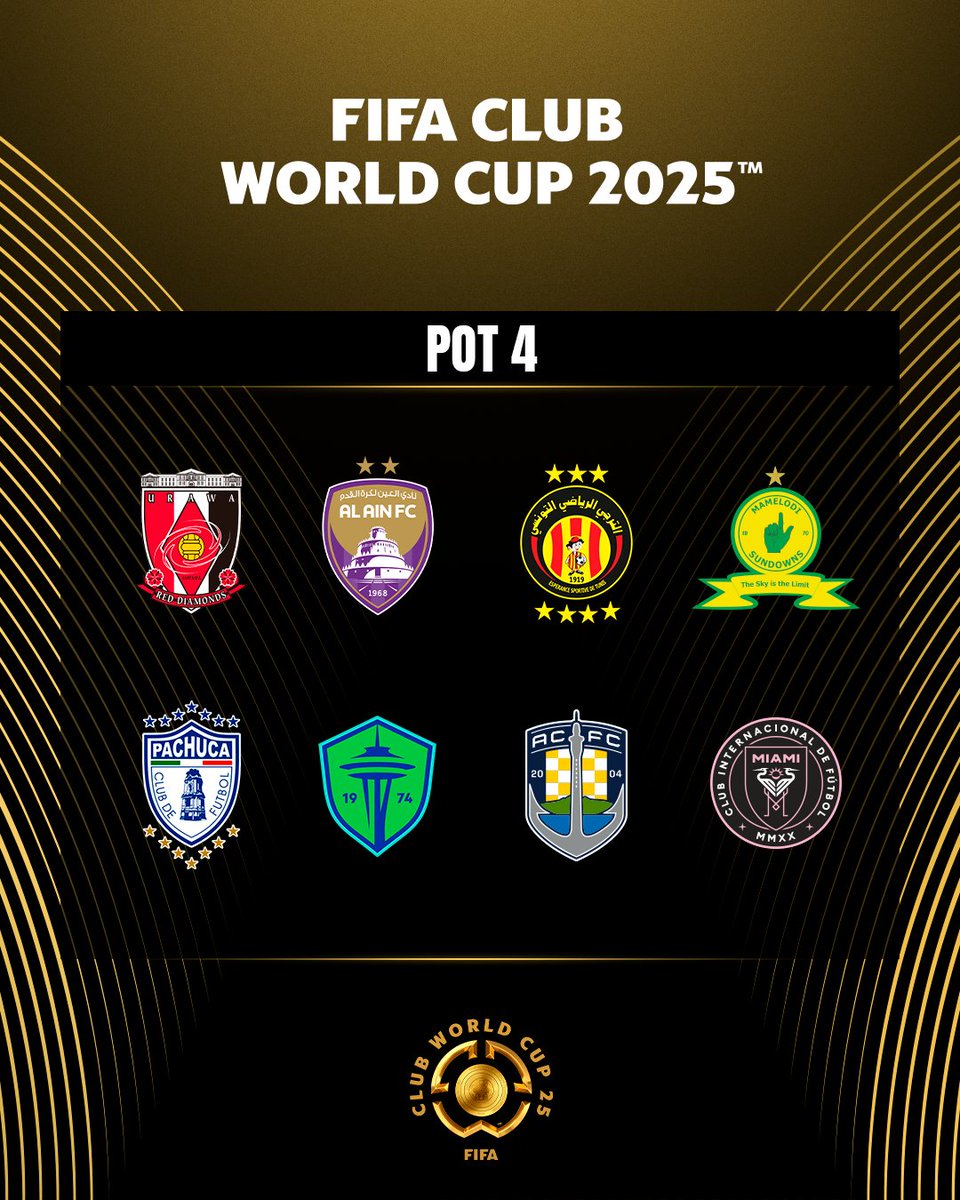FIFACF's tweet photo. Pot 4: #FIFACWC draw! 🗳️

@REDSOFFICIAL. 🇯🇵
@alainfcae. 🇦🇪
@ESTunis1919. 🇹🇳
@Masandawana. 🇿🇦
@Tuzos. 🇲🇽
@SoundersFC. 🇺🇸
@AucklandCity_FC. 🇳🇿
@InterMiamiCF. 🇺🇸 https://t.co/iTX4Ih2D1W