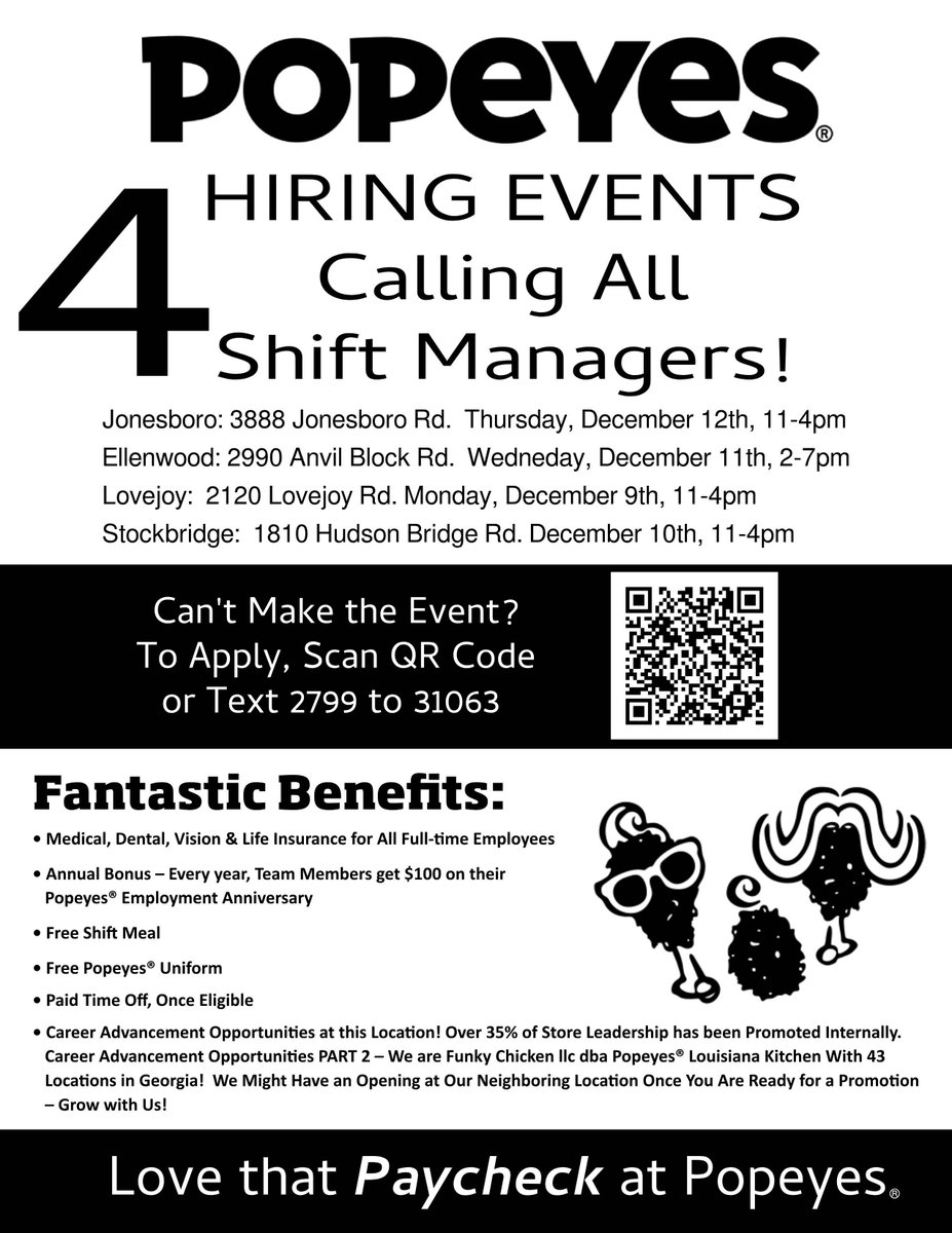 FunkyChickenATL's tweet image. 📍 4 Hiring Events! 📷1) Jonesboro: 3888 Jonesboro Rd. Thur, Dec 12, 11-4pm 2) Ellenwood: 2990 Anvil Block Rd. Wed, Dec 11, 2-7pm 3) Lovejoy: 2120 Lovejoy Rd. Mon, Dec 9, 11-4pm 4) Stockbridge: 1810 Hudson Bridge Rd. Dec 10, 11-4pm #EllenwoodGa #LovejoyGa #AtlantaJobs