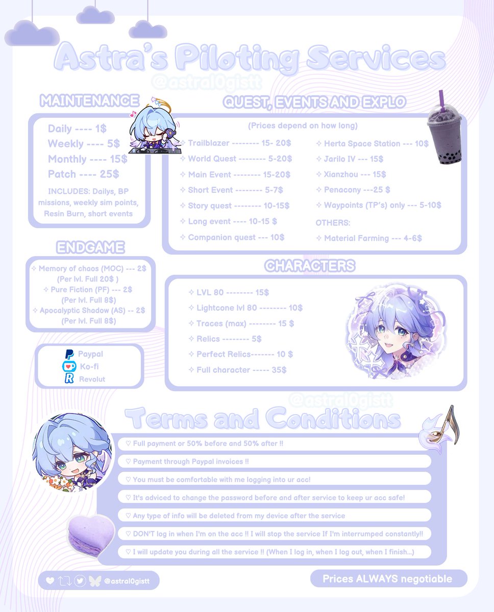 astral0gistt's tweet photo. 🕊 ASTRA's Piloting Services 💜

— If you don't have time to play or you don't feel like it, don't worry! I can help you with whatever you need!     

Prices are always negotiable!    

° •🕊️• °
#Genshin #wuwa #zzzero #hsr #genshinpilot #hsrpilot #zzzpilot #wuwapilot
° •🕊️• ° https://t.co/rFl3RXjDKi