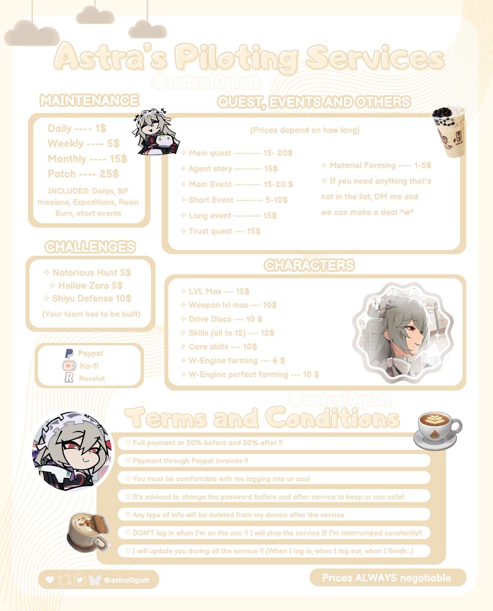 astral0gistt's tweet photo. 🕊 ASTRA's Piloting Services 💜

— If you don't have time to play or you don't feel like it, don't worry! I can help you with whatever you need!     

Prices are always negotiable!    

° •🕊️• °
#Genshin #wuwa #zzzero #hsr #genshinpilot #hsrpilot #zzzpilot #wuwapilot
° •🕊️• ° https://t.co/rFl3RXjDKi