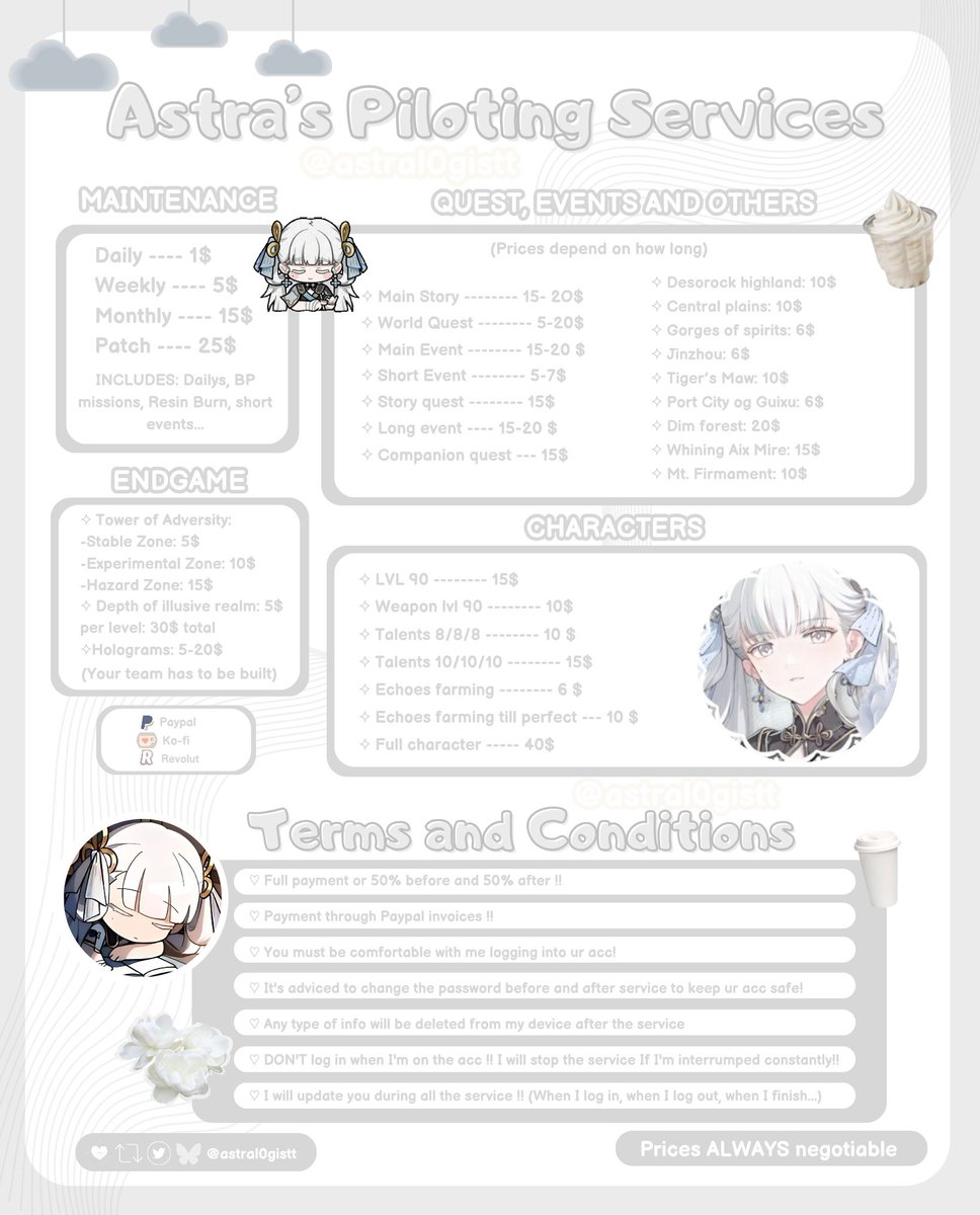 astral0gistt's tweet photo. 🕊 ASTRA's Piloting Services 💜

— If you don't have time to play or you don't feel like it, don't worry! I can help you with whatever you need!     

Prices are always negotiable!    

° •🕊️• °
#Genshin #wuwa #zzzero #hsr #genshinpilot #hsrpilot #zzzpilot #wuwapilot
° •🕊️• ° https://t.co/rFl3RXjDKi