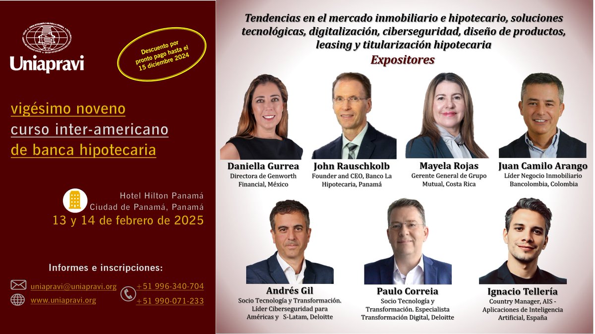 UNIAPRAVI's tweet photo. Líderes y expertos internacionales analizarán el panorama actual, tendencias en el mercado de #vivienda, durante el 29° Curso de Banca Hipotecaria de @Uniapravi
📆 13 y 14 Feb 2025.
📷Hotel Hilton Panamá https://t.co/U84NjLECYV
📷Registro: https://t.co/EUlW20AUlz https://t.co/lbcKgVhL9O