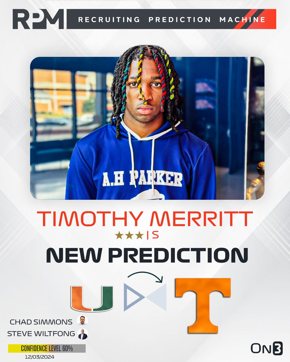 Rivals's tweet photo. On3's @ChadSimmons_ and @SWiltfong_ have logged expert predictions for Tennessee to flip Miami safety commit Timothy Merritt🍊

Intel: https://t.co/98GnaG5P5l https://t.co/xU1aVn2Rr7