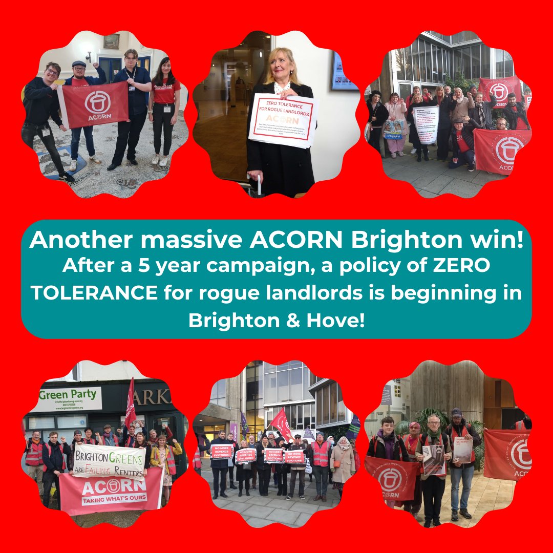 Another MASSIVE ACORN Brighton win!

After a 🦣 5 year campaign to force the council to implement a Zero Tolerance policy towards rogue landlords, Cllr Sheard (Cabinet Lead on Private Renting) has confirmed to us that the policy change has now begun, and the council will be...