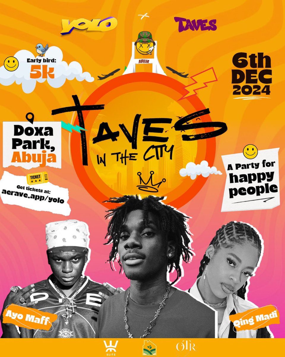 KingOpe__'s tweet photo. Qing Madi, Ayo Maff and Taves will be live at BUJ!

You don’t have any to miss @yoloabuja this weekend. 

Tickets 👉🏽 https://t.co/Tso1zwAvhE

#YoloAbuja https://t.co/i0hEufy6JQ