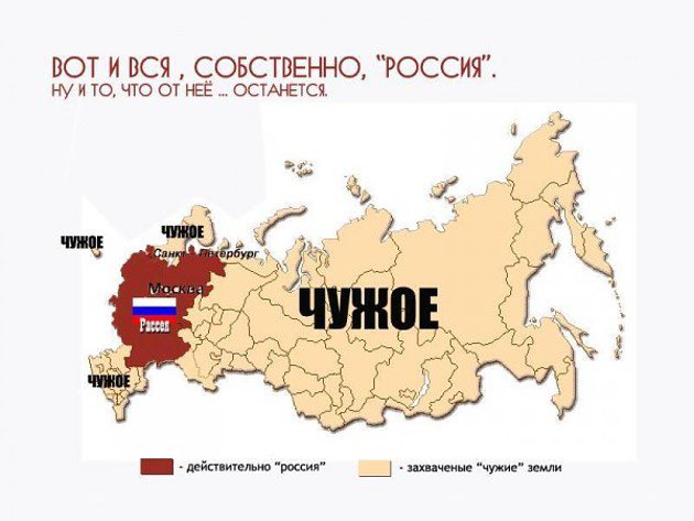 Russia for Russians? Ha-HA! Hell no! 

Russia is not a single state, it is a federation consisting of many other countries and ethnicities historically invaded and enslaved by the Russian empire. Here is the map of real Russia without other enslaved countries and ethnicities.