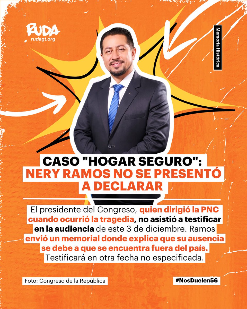 🚨 Nery Ramos, quien dirigía la <a href="/PNCdeGuatemala/">PNC de Guatemala</a> cuando ocurrió la tragedia, explicó en un memorial que su ausencia se debe a que se encuentra fuera del país. Testificará en otra fecha no especificada.

Con información de Jasmin López para <a href="/ruda_gt/">Ruda</a>