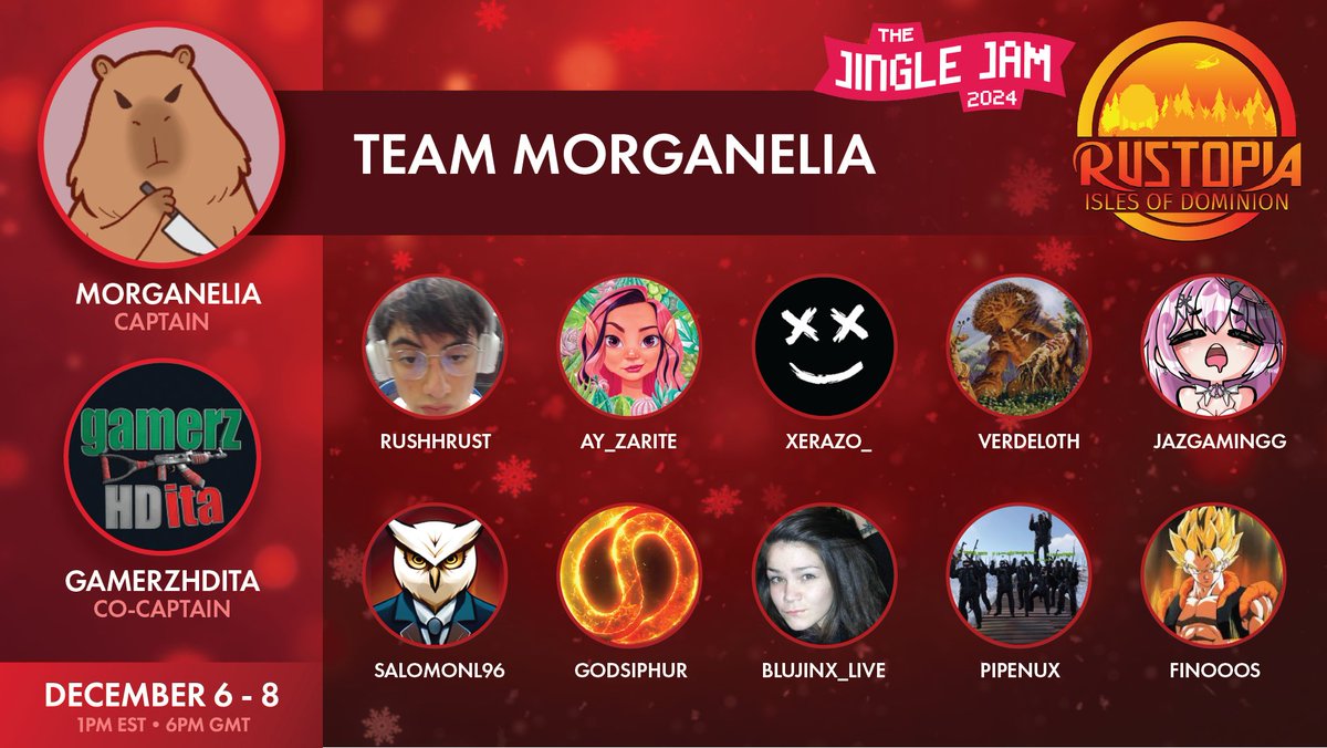 Vamos a jugar <a href="/playrust/">Rust</a> en el <a href="/RustopiaServers/">Rustopia Official</a> Isle of Dominion x <a href="/jinglejam/">Jingle Jam</a> con amigos de todas partes del mundo.  El evento es para juntar fondos que ayudan a muchas organizaciones, y cualquier donación se puede hacer a tilt.fyi/yk7qYlxsD1. 

Muchas gracias a