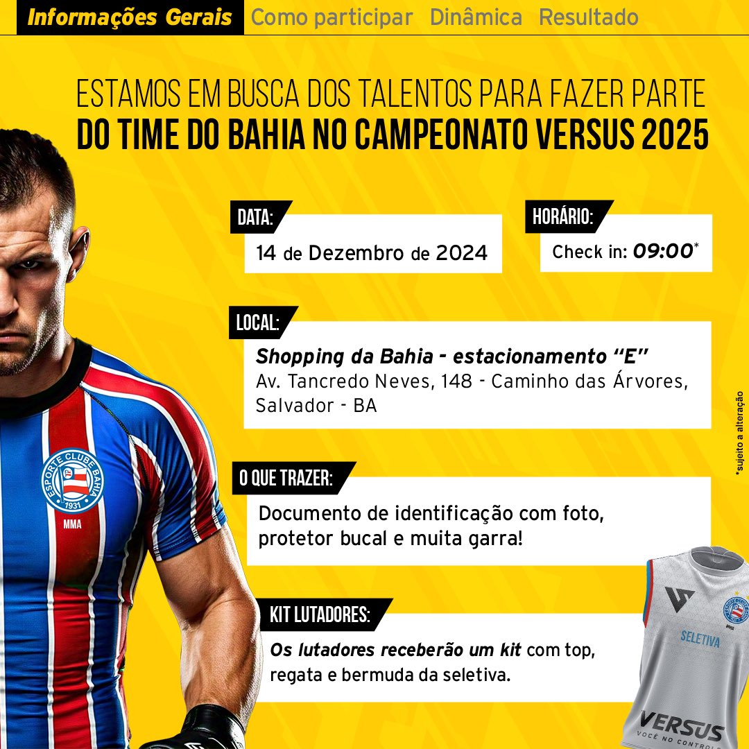 ecbahiaassoc's tweet photo. 💪🏼 Seja um lutador de #MMA do Bahia! O Esquadrão já tá confirmado no #CampeonatoVersus2025, e você pode ser um dos representantes tricolores na pré-temporada. Arraste pro lado ↩️ e saiba como.
🔗 https://t.co/sGdgIBhV0k
#ECB #VersusFC #MMABrasil #BBMP https://t.co/WmDPFPb99m