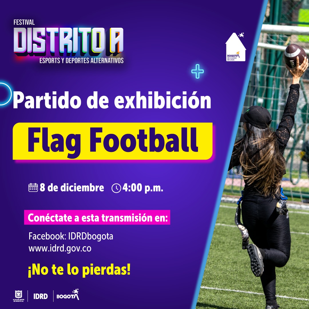IDRD's tweet photo. 🏈 ¡El espectáculo continúa en #DistritoA! Prepárate para disfrutar del emocionante partido de exhibición de Flag Football, donde la estrategia, la velocidad y el trabajo en equipo se roban el show.

📱 #PonteOn y conéctate a la transmisión 👾. https://t.co/UTIE9o3a3W