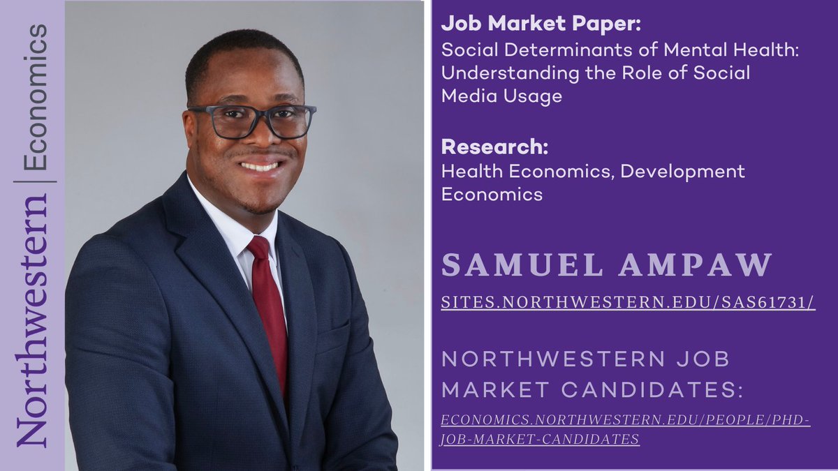 Northwestern Economics (@nueconomics) on Twitter photo Department of Economics PostDoc Candidate Samuel Ampaw’s research interests are Health Economics, Development Economics. Learn more about <a href="/samie_ampaw/">Samuel Ampaw</a> & other Northwestern Economics Job Market Candidates at economics.northwestern.edu/people/phd-job… Department of Economics PostDoc Candidate Samuel Ampaw’s research interests are Health Economics, Development Economics. Learn more about <a href="/samie_ampaw/">Samuel Ampaw</a> & other Northwestern Economics Job Market Candidates at economics.northwestern.edu/people/phd-job…
