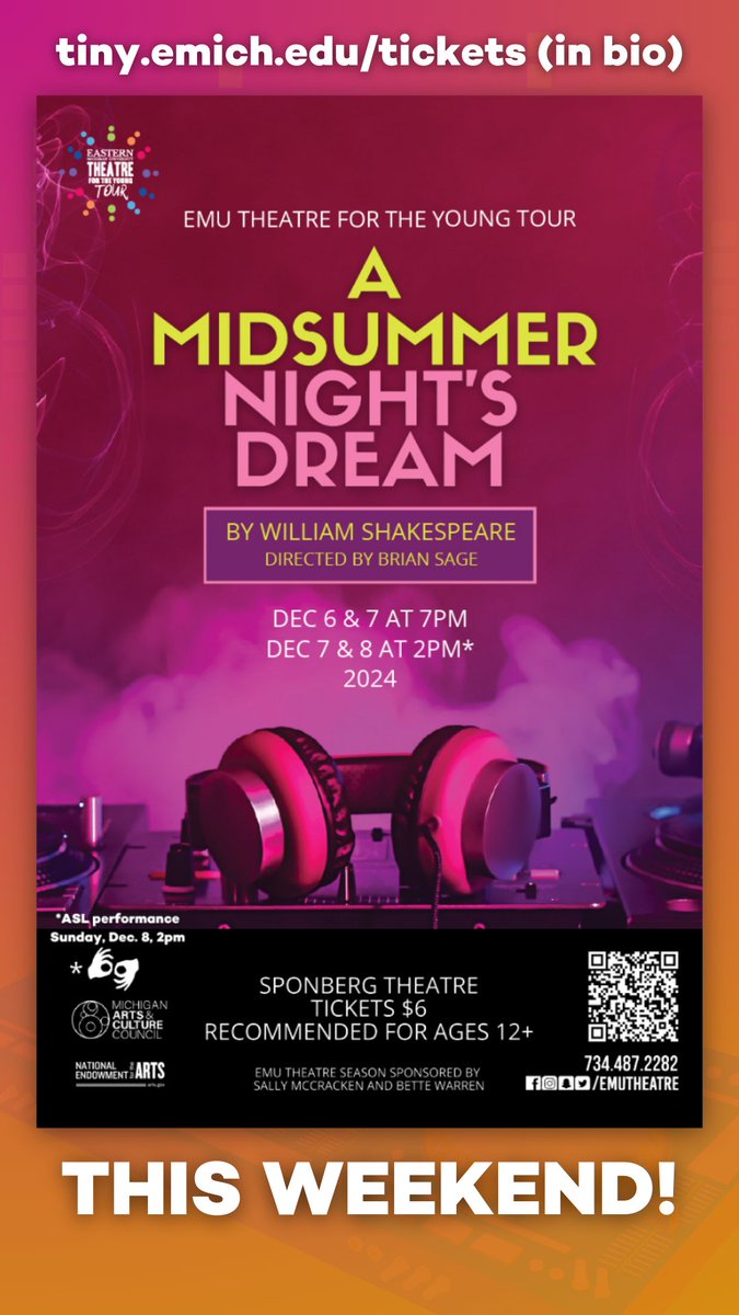 "A Midsummer Night's Dream" runs this weekend in Sponberg Theatre from Dec 6-7 at 7pm and Dec 7-8* at 2pm. Stays true to the original text + contemporary costumes &amp; music 🎶

*ASL performance
🎟️ tiny.emich.edu/tickets
#Shakespeare #Midsummer #Theatre #AnnArbor #Ypsilanti #TruEMU