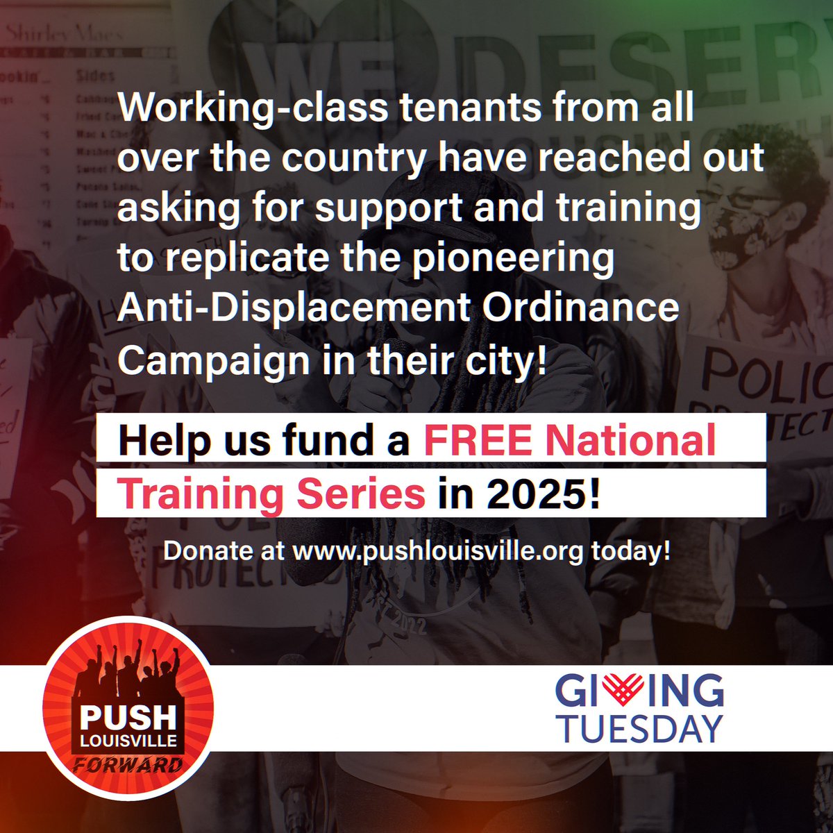 PUSHLouisville's tweet image. Happy #GivingTuesday ✨ We wrote &amp;amp; passed the most progressive housing law in the South. Working-class people from all over the country want to replicate our success. Help us fundraise to launch a FREE national training series in 2025! Together, we can PUSH the country forward!