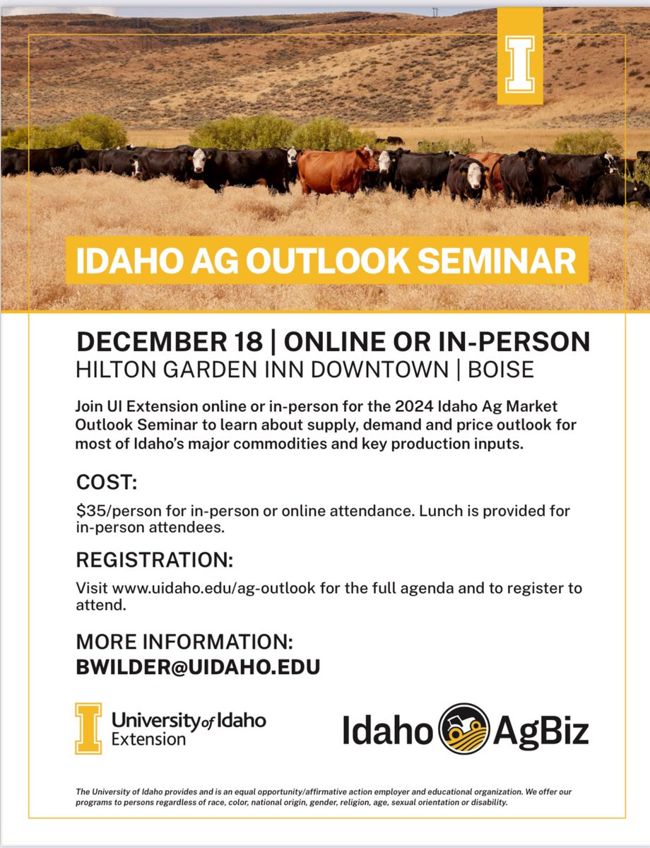 Mark your calendars to attend the Idaho Ag Outlook Seminar coming up on December 18, 2024. 
Join UI Extension to learn about supply, demand, and price outlook for Idaho’s major commodities and key production inputs. 
Click the link below to register. 

uidaho.edu/cals/idaho-agb…