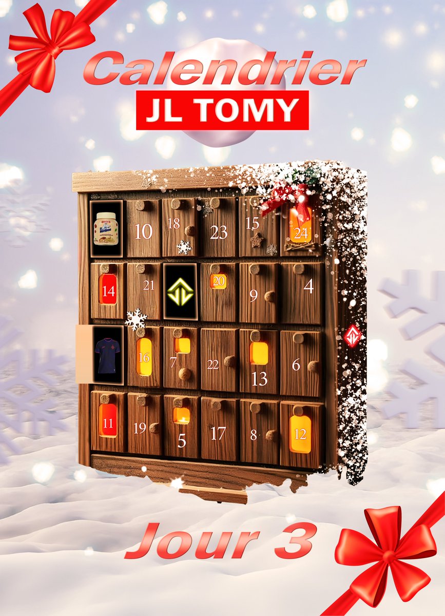 Calendrier de l’avent - JOUR 3 🎄🎅

Pour rappel, du 2 au 25 Décembre, des cadeaux vous attendent chaque jour 👀
Aujourd'hui, tentez de remporter un Maillot Joblife Away 2024 ! 🎁

Pour participer : 
➡️ RT ce tweet, 
➡️ Follow <a href="/JLTomyTV/">JL Toto</a>

⏱️ T.A.S le 04/12 à 19h