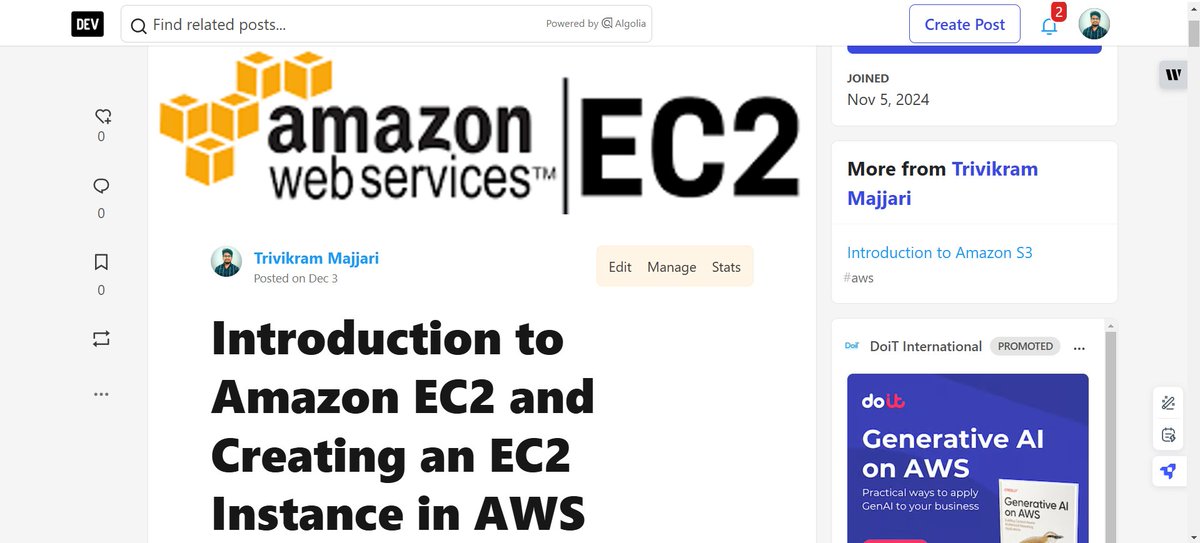 TMajjari's tweet image. Hello developers,
📖 New Blog: Introduction to Amazon EC2 and Creating an EC2 Instance in AWS
🔗 Check out my new blog below 👇
dev.to/trivikram_majj…
You will learn about Amazon EC2 and how to create an Amazon EC2 instance in AWS Management Console.
@AwsUniloriN #AWS #blog