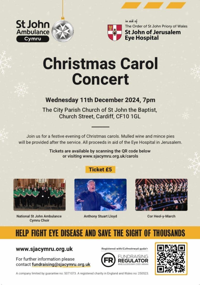 Richard Baxter (@richbaxter19) on Twitter photo Not long to go until the <a href="/SJACymru/">St John Ambulance Cymru</a> Christmas Carol Concert at <a href="/stjohnscardiff/">St John's Cardiff</a>. Come and join the festivities and be entertained by two choirs & Anthony Stuart Lloyd, along with singing carols in-between and rounded off by refreshments afterwards. All in aid of <a href="/StJohnEyeHosp/">St John Eye Hospital</a> 🎄 Not long to go until the <a href="/SJACymru/">St John Ambulance Cymru</a> Christmas Carol Concert at <a href="/stjohnscardiff/">St John's Cardiff</a>. Come and join the festivities and be entertained by two choirs & Anthony Stuart Lloyd, along with singing carols in-between and rounded off by refreshments afterwards. All in aid of <a href="/StJohnEyeHosp/">St John Eye Hospital</a> 🎄