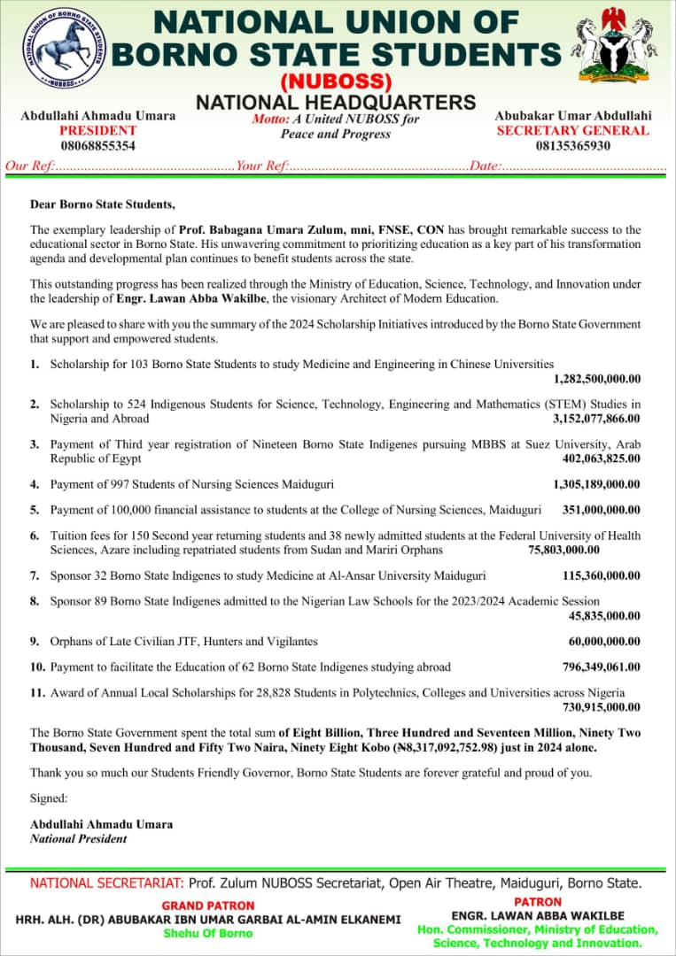 NUBOSSOFFICIAL's tweet photo. 1/3
On behalf of all students of Borno State, NUBOSS expresses heartfelt gratitude to the Borno State Government under the leadership of His Excellency, Prof. Babagana Umara Zulum, mni, FNSE, CON, for approving, awarding the Annual Local Scholarship to 26,828 indigenous students. https://t.co/94jHxvcA1W