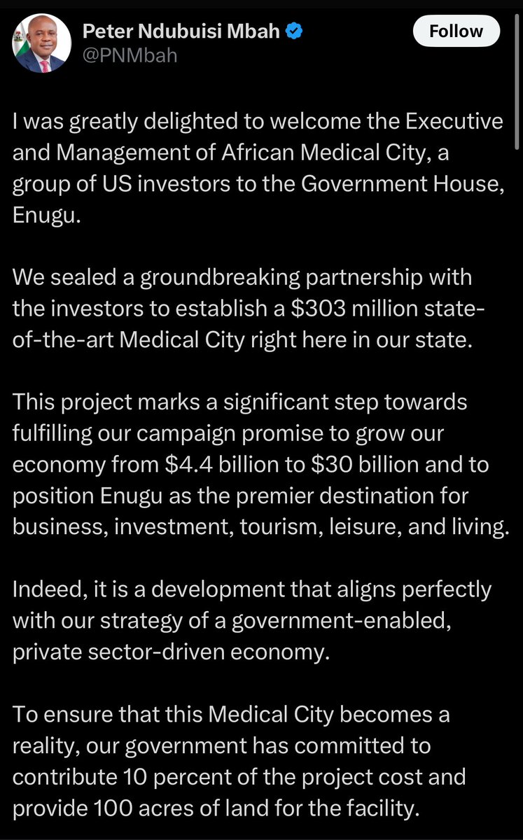 MikaelCBernard's tweet photo. On the 19th of July, 2024, @PNMbah announced that he had secured $303 Million USD in investments to build a medical hub in Enugu.

What Ndi Enugu did not realize, was that @PNMbah had set out a massive con, to allocate 100 hectares of land to himself and his cronies.

A thread 🧵 https://t.co/uXIrXpM1Md
