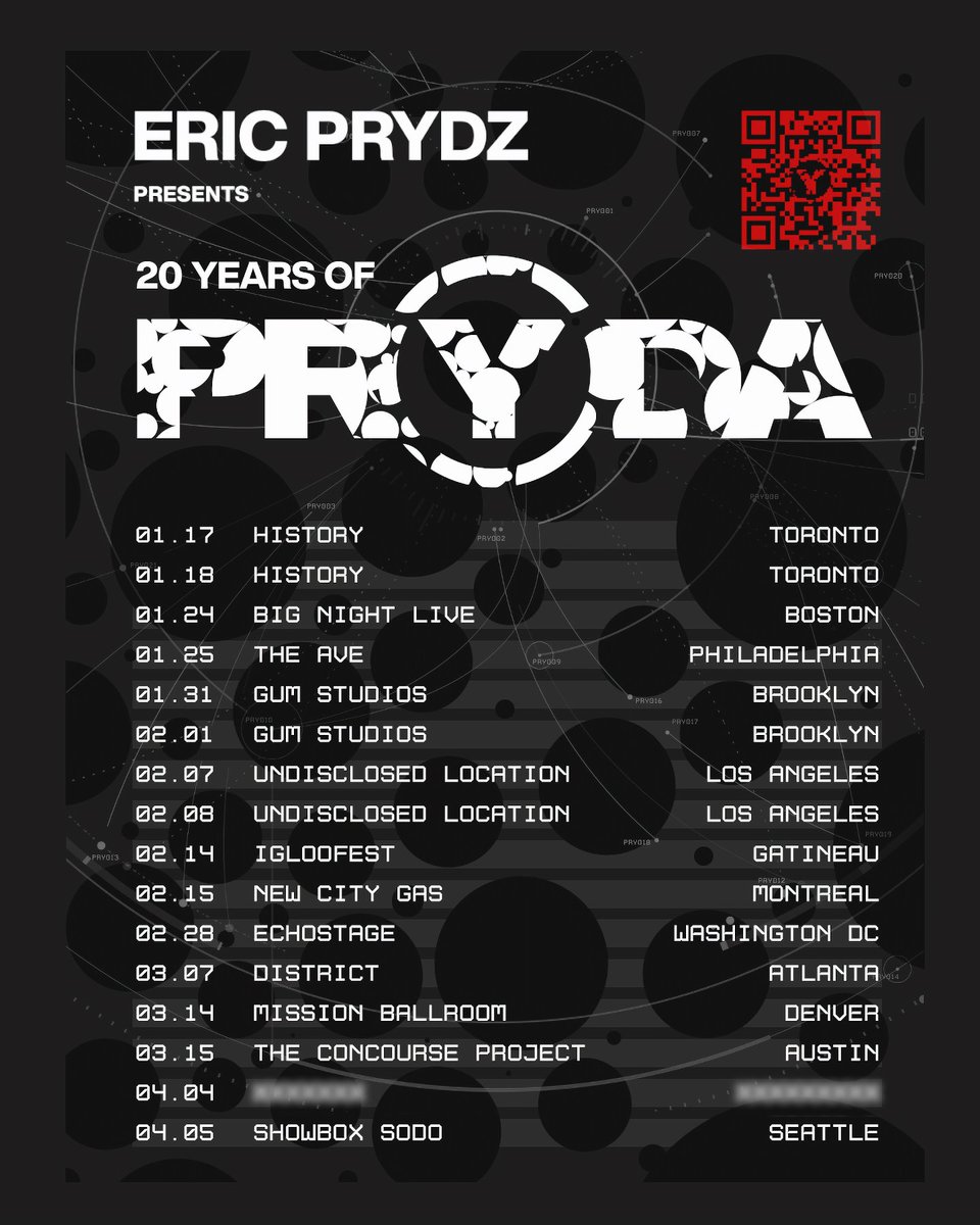 Celebrating over 20 Years of Pryda, 2004-2024. A full retrospective look at my catalogue.. 
See you all in 2025 ❤️

Tickets on sale Friday 10am local time:
ericprydz.com