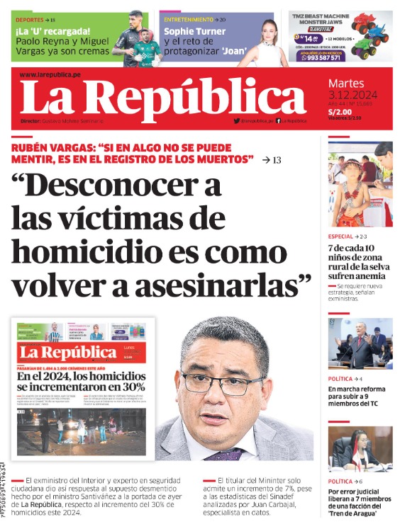 Ayer en La República publiqué un informe que advierte que los homicidios podrían aumentar un 30 % este año. El ministro del Interior dijo que la información es "falso" y que el alza será "solo" del 7 %. Minimiza el problema y quienes pierden son las víctimas.