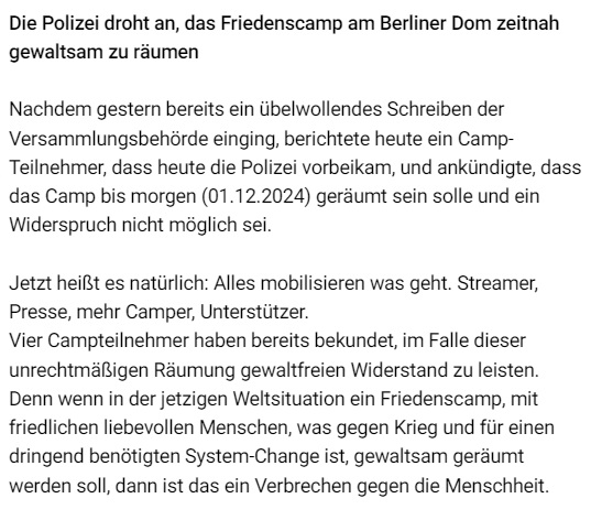 Nautilu40286557's tweet photo. #b0112 #fckQuerdenken
🧵[5/6]  Das Friedens-Camp/ Querdenken-Camp sollte am #b0112 von der Polizei geräumt werden (bis dahin war es auch, nach einer Verlängerung, angemeldet). Ob der Spuk am Lustgarten nun vorbei ist, kann ich an dieser Stelle nicht bestätigen. https://t.co/JNJRS9KVVo