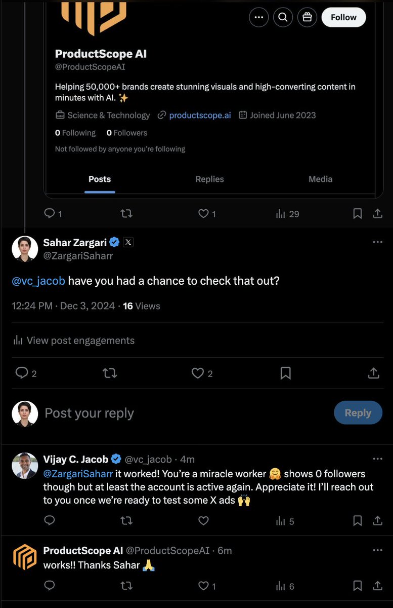 Making Things Happen: Account Restored and Ready to Go! 🚀

Helping clients get back on track is one of the most satisfying parts of my work. Recently, I resolved an account issue, and I’m thrilled to see the positive response:

"<a href="/ZargariSaharr/">Sahar Zargari</a> it worked! You’re a miracle worker
