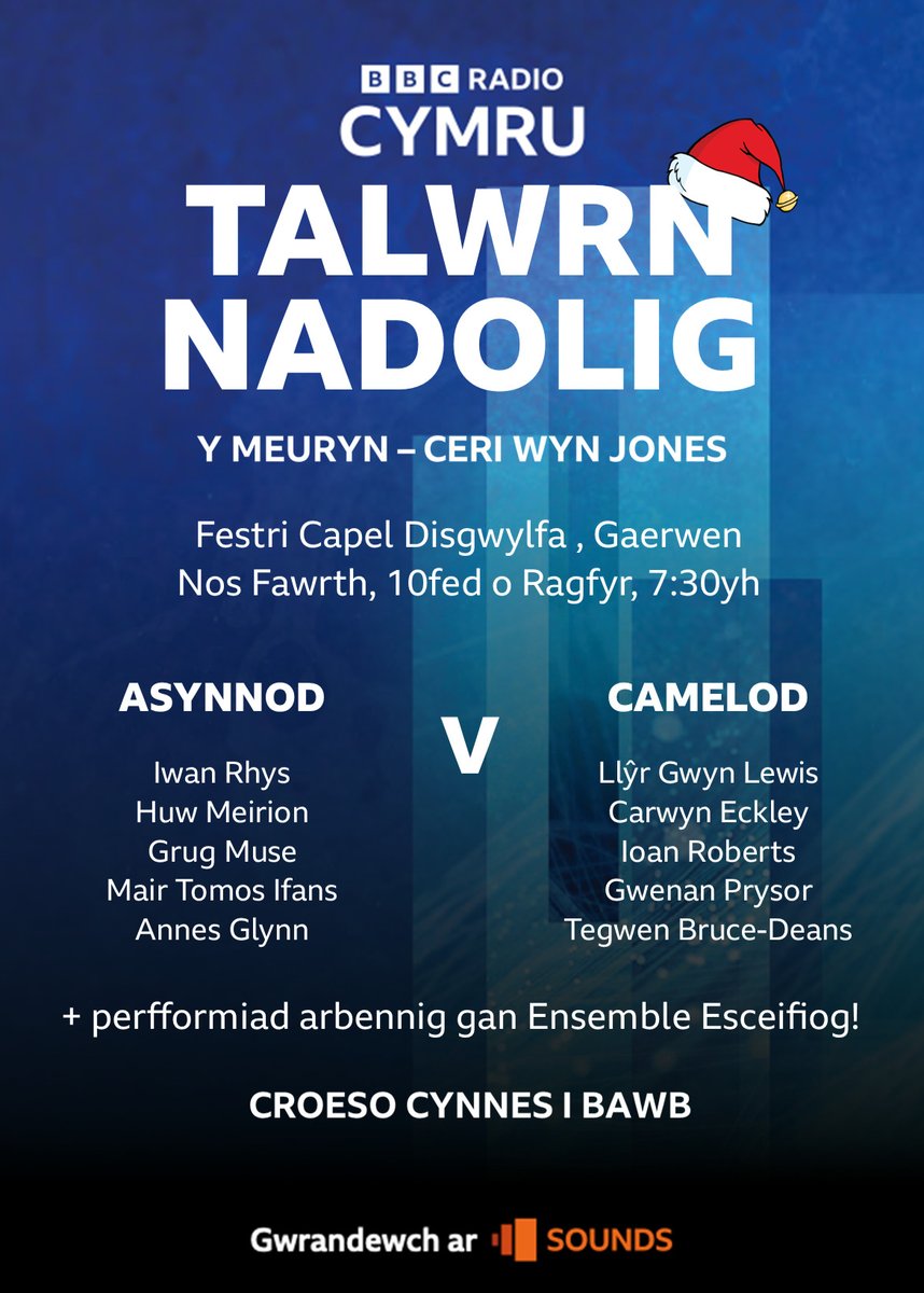 Radio Cymru (@bbcradiocymru) on Twitter photo 🎄Barddoniaeth a'r Nadolig = cyfuniad perffaith!🎄
Dewch draw i Festri Capel Disgwylfa, Gaerwen nos Fawrth Rhagfyr 10 19:30 ar gyfer recordiad arbennig o'r Talwrn 👇
<a href="/anoracyracen/">Iwan Rhys</a> <a href="/llyrgwyn/">Llŷr Gwyn Lewis</a> <a href="/EistUrddMon26/">Eisteddfod yr Urdd Ynys Môn 2026</a> 🎄Barddoniaeth a'r Nadolig = cyfuniad perffaith!🎄
Dewch draw i Festri Capel Disgwylfa, Gaerwen nos Fawrth Rhagfyr 10 19:30 ar gyfer recordiad arbennig o'r Talwrn 👇
<a href="/anoracyracen/">Iwan Rhys</a> <a href="/llyrgwyn/">Llŷr Gwyn Lewis</a> <a href="/EistUrddMon26/">Eisteddfod yr Urdd Ynys Môn 2026</a>