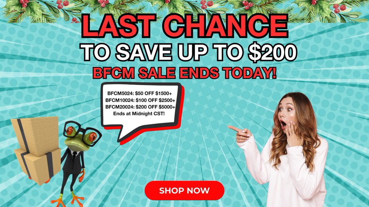 KilnFrog's tweet photo. 🎉Last Chance to Save Up to $200! BFCM Sale Ends At Midnight! 
Only hours left! Use codes:  

BFCM5024: $50 OFF $1500+  
BFCM10024: $100 OFF $2500+  
BFCM20024: $200 OFF $5000+  

Shop now—deal ends tonight! 🔥
https://t.co/rWyn0fcdlp 
*Offer Ends 12/3/24 at 11:59 pm CST! 
#BFCM https://t.co/YoZKVTc0QN