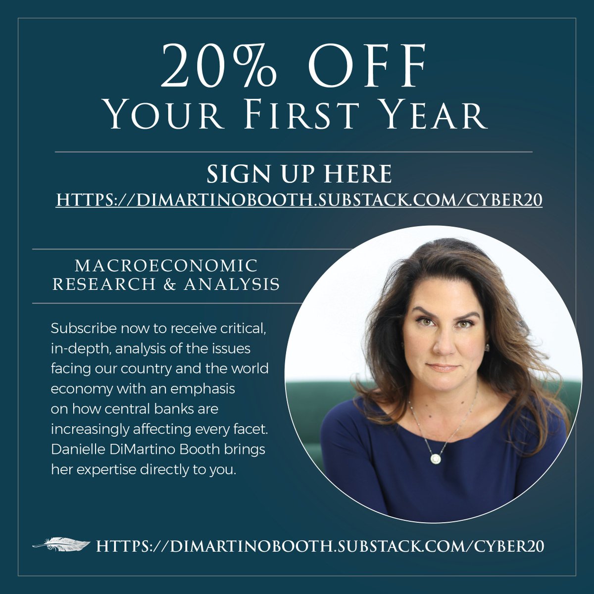 DiMartinoBooth's tweet photo. Take advantage of our Cyber Monday Event — 20% OFF Your First Year of The Daily Feather — Macroeconomic Research &amp; Analysis
Sign up HERE  https://t.co/CngxyebmOI https://t.co/UwU6YzACEu