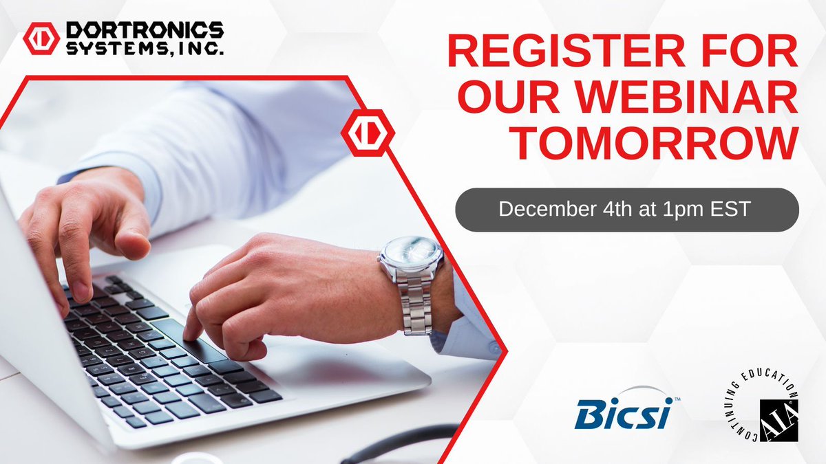 DortronicsSI's tweet photo. Earn one #BICSI CEC and/or one #AIA Learning Unit by joining our FREE webinar tomorrow December 4th at 1pm EST where we'll be discussing electrified #DoorLocking hardware and related components that interface with electronic #AccessControllers. 

https://t.co/o0E31FkiHh https://t.co/HYfURcw4s9