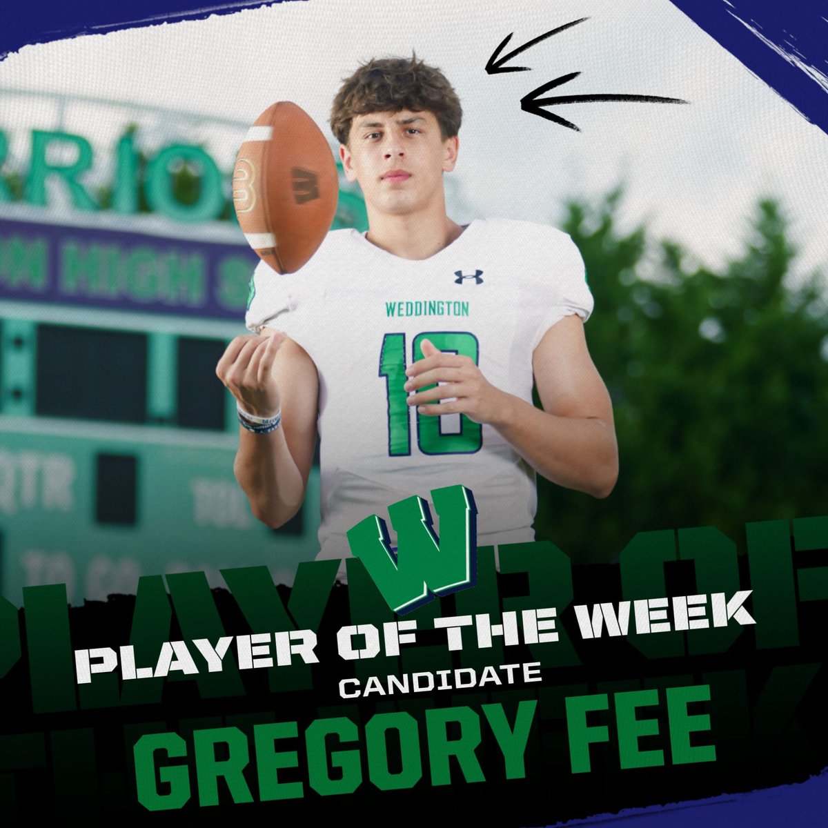WHSwarriors's tweet photo. Good luck to Gregory Fee for becoming a candidate in the Charlotte Observer Player of the Week! Go vote for him before Friday at noon! Here is the link to vote - https://t.co/6HsU9uGYvv  @AGHoulihan @UCPSNC @UCPSNCAthletics @WeddingtonHSNC https://t.co/FiesVKim1k