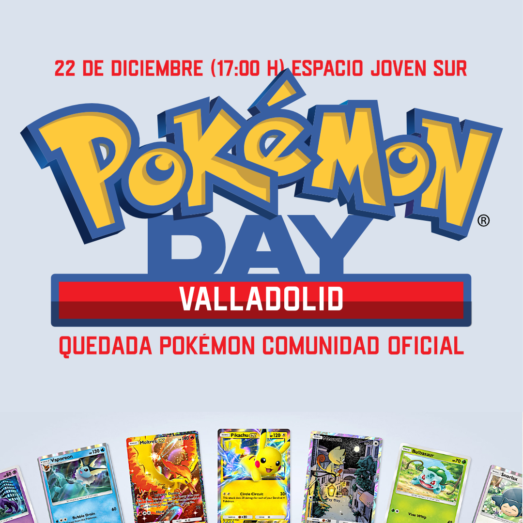 El próximo domingo 22 DIC de 17 a 21H disfruta en el #PokémonDayValladolid.
En esta actividad, VallaGOlid! se presenta como entidad y celebrará diversas actividades como torneos de juegos del mundo Pokémon.
Puedes inscribirte a través de nuestra web:
espaciojovensur.org/agenda/pokemon…