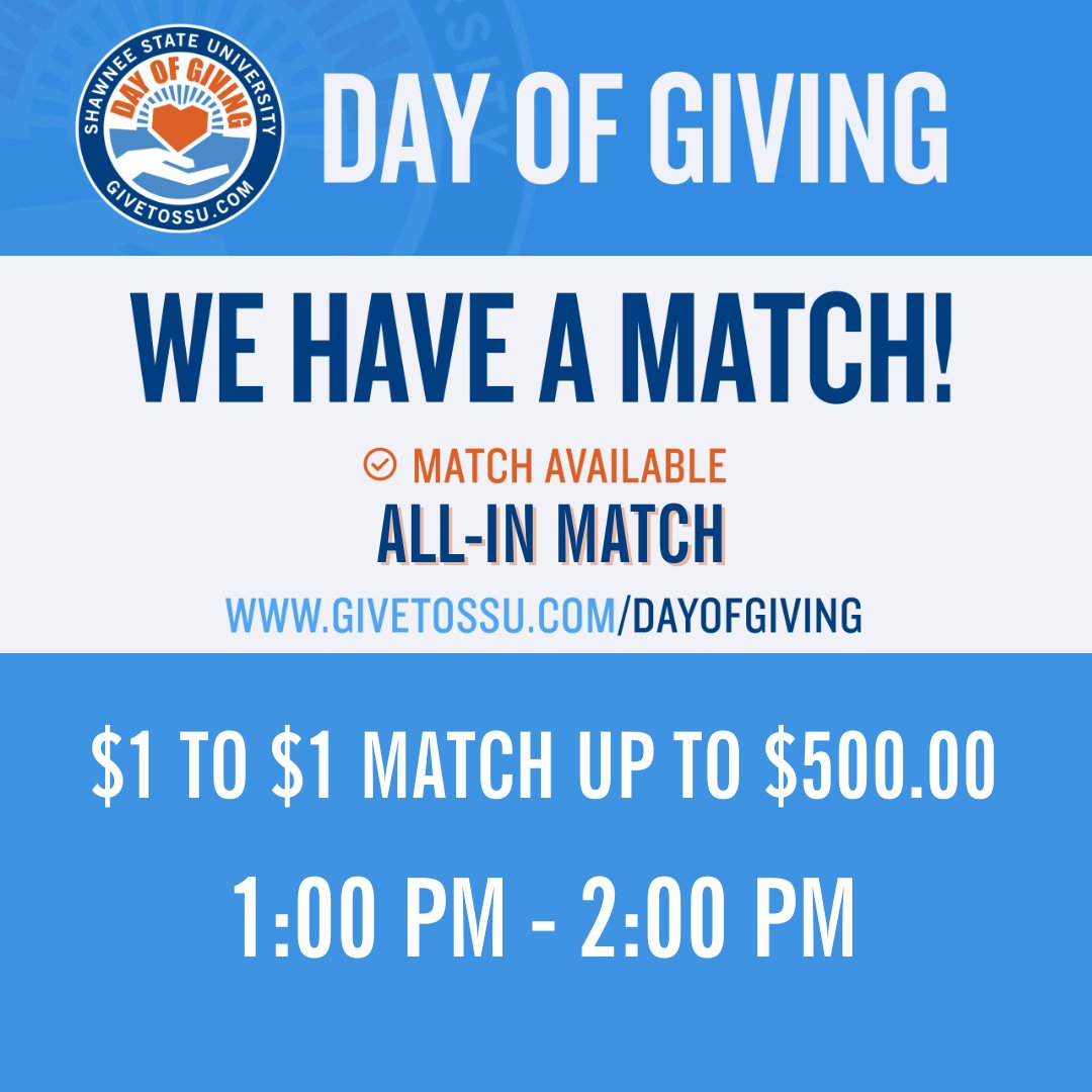 SSUAlumni's tweet image. Another ALL-IN Match for the next hour! Every dollar you give gets matched up to $500 from 1:00 to 2:00 PM! This is a fantastic way to double your impact on current and future SSU Bears! 🐻

givetossu.com/day-of-giving 🎁💵💝

#ShawneeGives #ShawneeState #DayofGiving #GivingTuesday