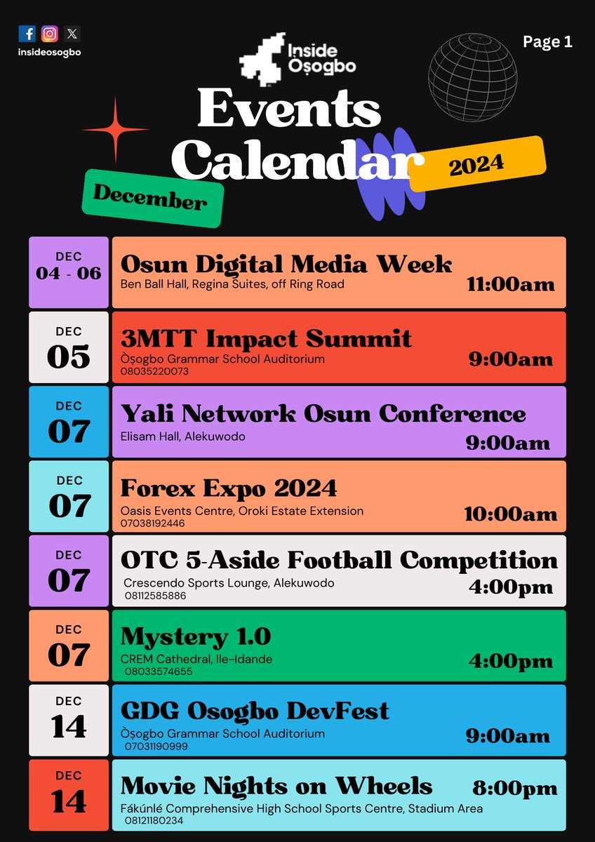 InsideOsogbo's tweet photo. December in Òṣogbo is packed with exciting events! From the Ọ̀ṣun Trade Fair to the End of Year Walk 2.0, and festive celebrations; there’s something for everyone.

Please find attached the 2024 events calendar so you can plan your festive season in style! 

#InsideOsogbo https://t.co/5OR24f0H1n