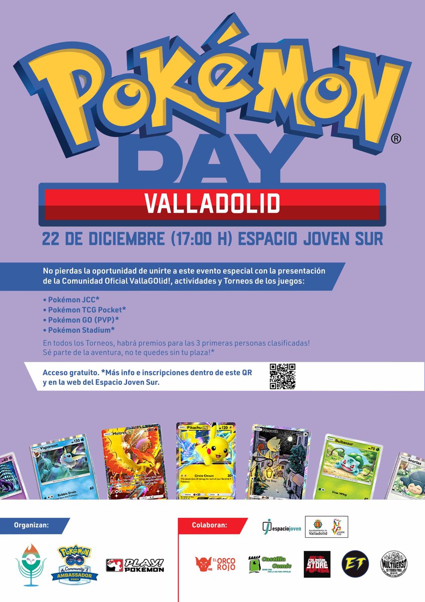 Mañana domingo 22 DIC de 17 a 21H disfruta en el #PokémonDayValladolid.
En esta actividad, VallaGOlid! se presenta como entidad y celebrará diversas actividades como torneos de juegos del mundo Pokémon.
Puedes inscribirte a través de nuestra web:
espaciojovensur.org/agenda/pokemon…