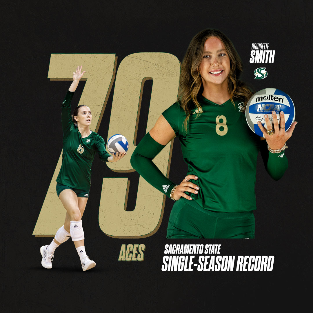 SacStateVB's tweet photo. Smith's 79 aces are most in the 60-year history of Hornet Volleyball!

• Broke Allison Espinosa (1987) record of 75
• 17 more aces than any Div. I-era Hornet (1991-pres)
• 79 aces are currently 2nd in the nation
• Most aces by a Big Sky player in 35 years

#StingersUp https://t.co/62yMAZDMkF