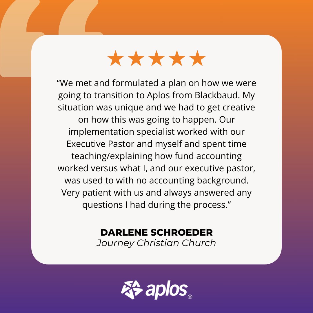 Aplos_Software's tweet photo. This review speaks for itself! 📣 Journey Christian Church transitioned from Blackbaud to Aplos seamlessly with our team. Achieve your financial goals with our nonprofit accounting platform. Start your journey today: https://t.co/uH44REmfYZ https://t.co/dLqxoLB4Qg