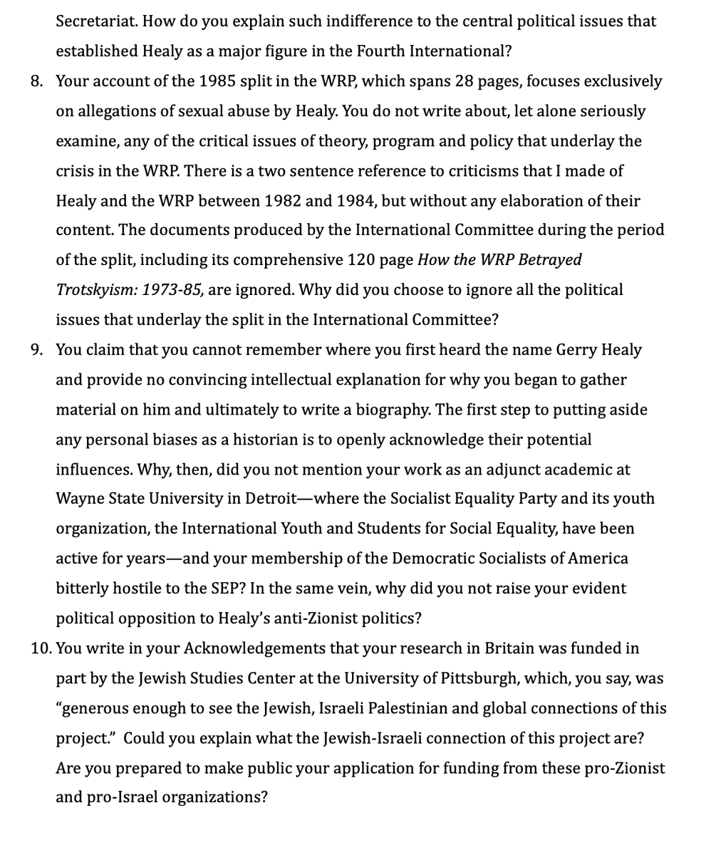 DavidNorthWSWS's tweet photo. At the Dec.  2 seminar hosted by the Institute of Historical Research, Aidan Beatty's rehash of his anti-Healy slanders took up 60 minutes of the 90 minute program. I had time only to raise a few of the questions that I had prepared. This is the full text of my 10 questions. https://t.co/G8GiZiaTjQ