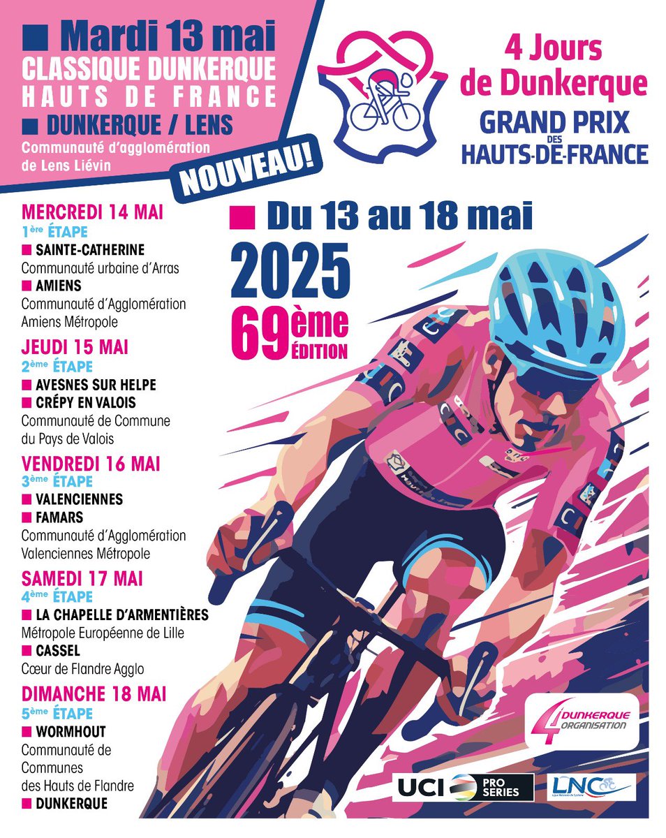 🧑‍🎨 Découvrez l’affiche officielle des 4 Jours de Dunkerque / GP des Hauts-de-France, ainsi que les villes étapes 2025 !
⬇️