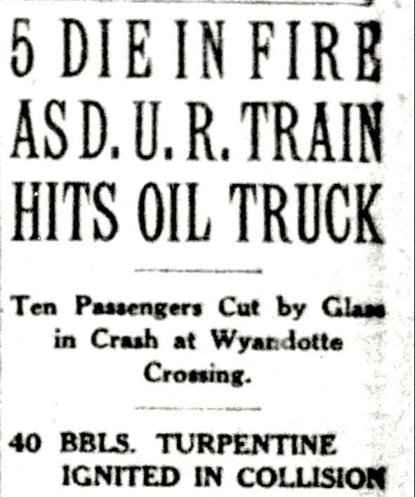100YearsAgoNews's tweet photo. Dec. 3, 1924: Five people are killed in a fire aboard an interurban train after it crashes into a truck carrying turpentine barrels at a crossing in Wyandotte, Mich. As fuel spills into the train car, someone apparently lights a match to see in the dark, igniting the blaze. https://t.co/1YyDZGPL9I