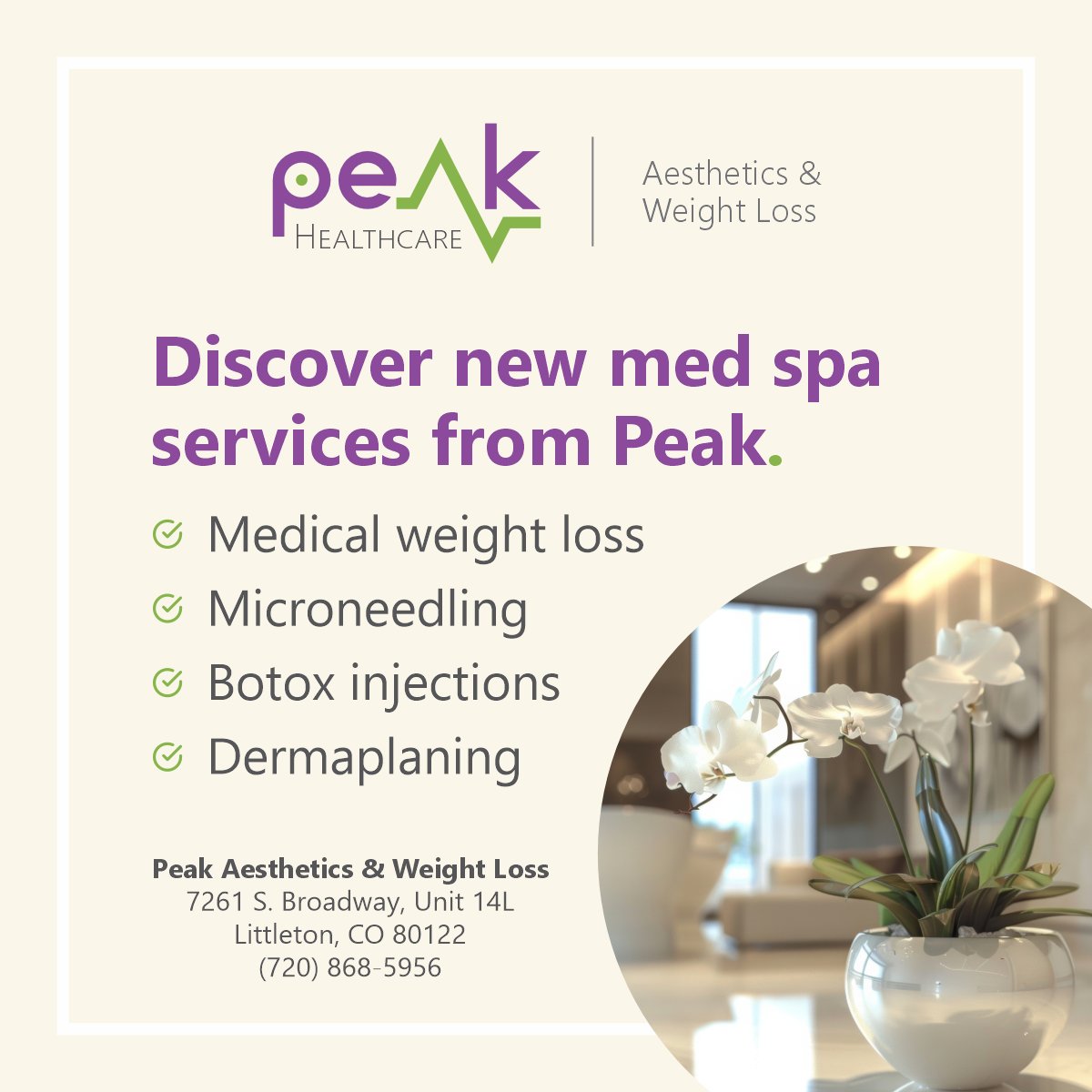 Get med spa services tailored to your unique needs and specific desires at Peak Aesthetics &amp; Weight Loss. Schedule your appointment today: bit.ly/48QdLsY

#medspa #medicalweightloss #semaglutide #tirzepatide #microneedling #skincare #botox #dermaplaning #colorado #denver